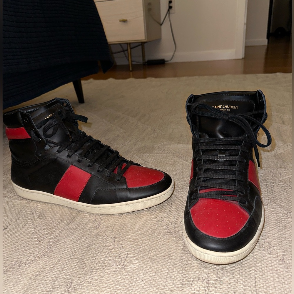 Saint Laurent SL/10H Signature Men’s Court Classic High-Top Sneakers Black-Red - Picture 4 of 12